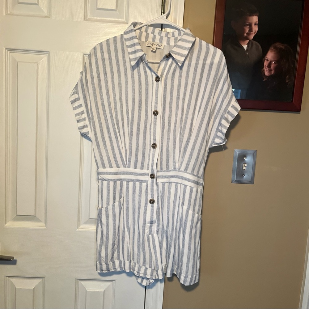 She + Sky Blue and White Striped Romper linen with pockets small